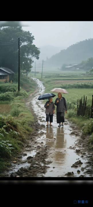 雨幕乡途，伞下共白头！