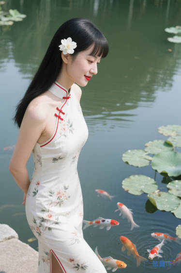旗袍美女分镜头_池塘边