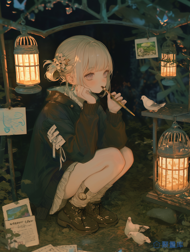 林灯下的沉思女孩