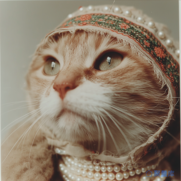 戴珍珠和围巾的猫艺术照