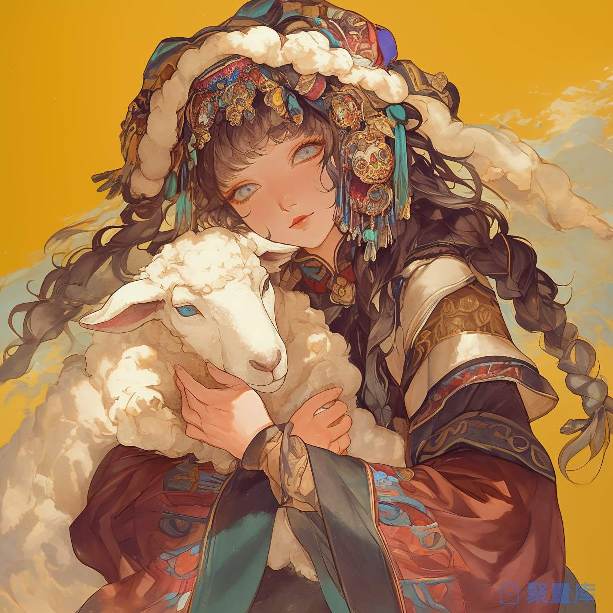 环抱小羊的少女