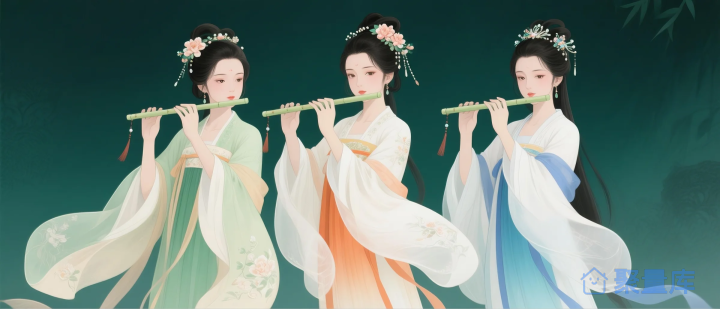 古风插画：仕女吹箫