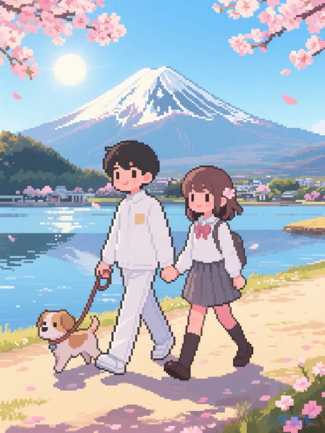 富士山下的情侣与狗