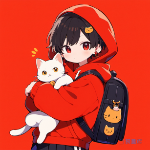男生【背着书包抱着猫】红色背景