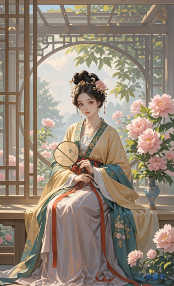 牡丹环绕中的女子