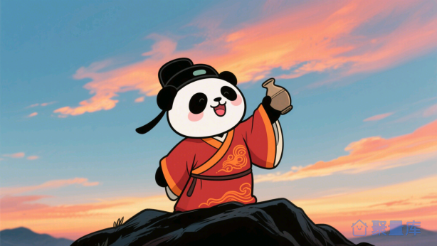 晚霞下喝酒的小熊猫