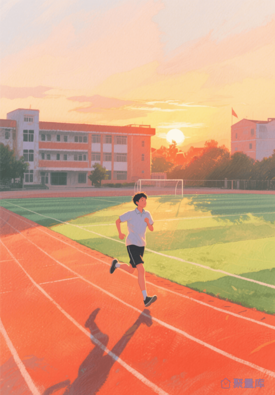 夕阳下载操场跑步的男孩