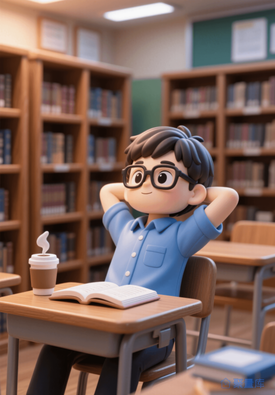 图书馆学习的3D男孩