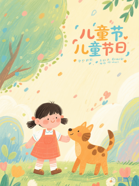 儿童节小女孩与动物插画