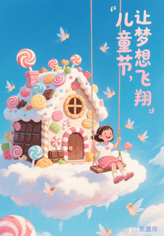 儿童节在空中糖果屋坐秋千的女孩
