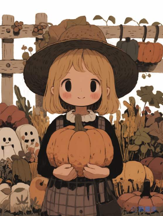 插画南瓜魔女小女孩