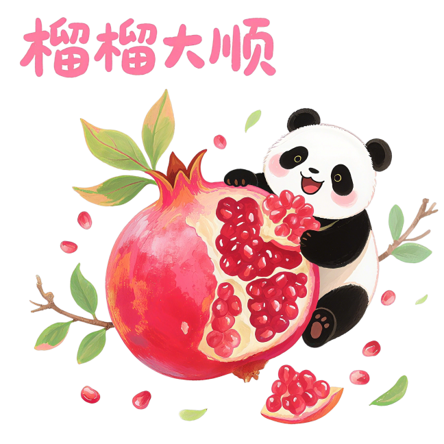 T恤印花免扣高清图案 可爱卡通熊猫石榴插画 壁纸 手机壳 鼠标垫