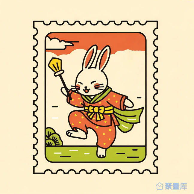 日式和服兔子邮票插画