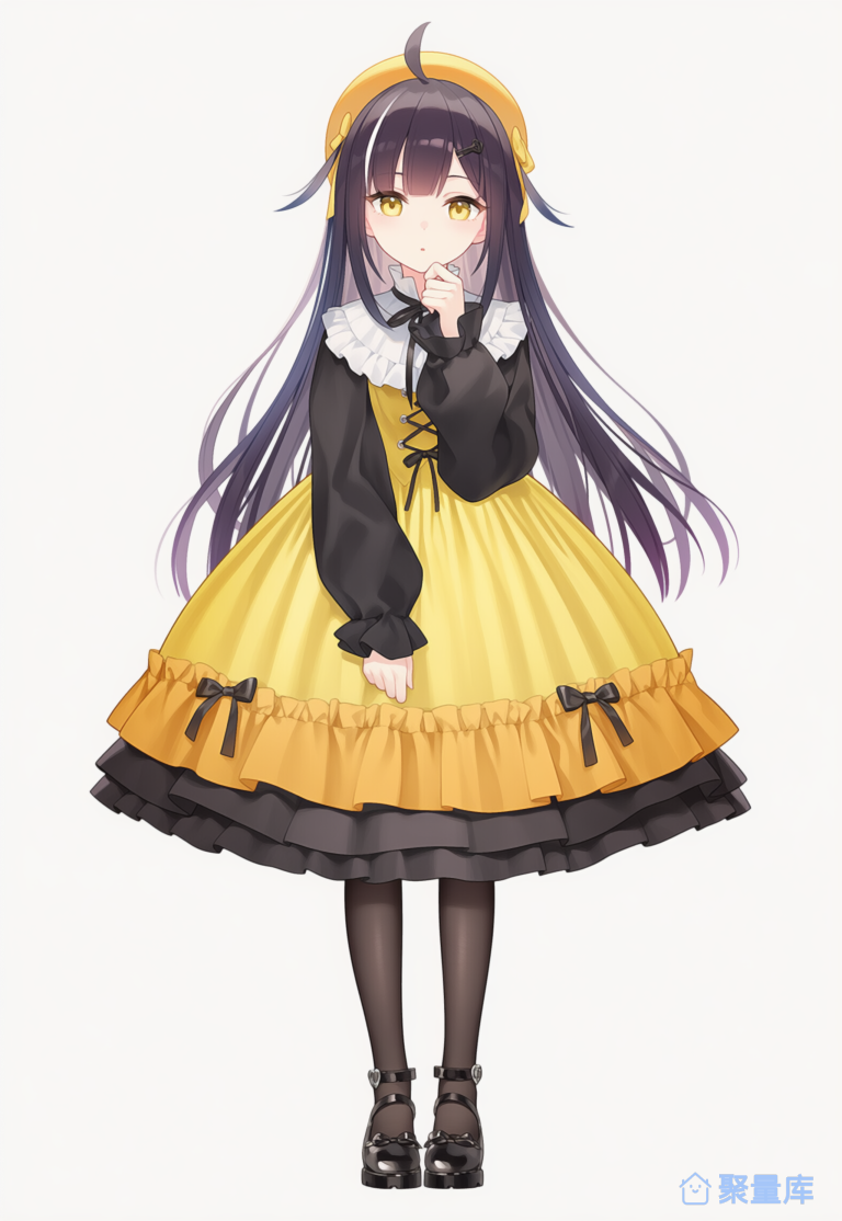 黑色长发黄裙二次元少女角色设计立绘