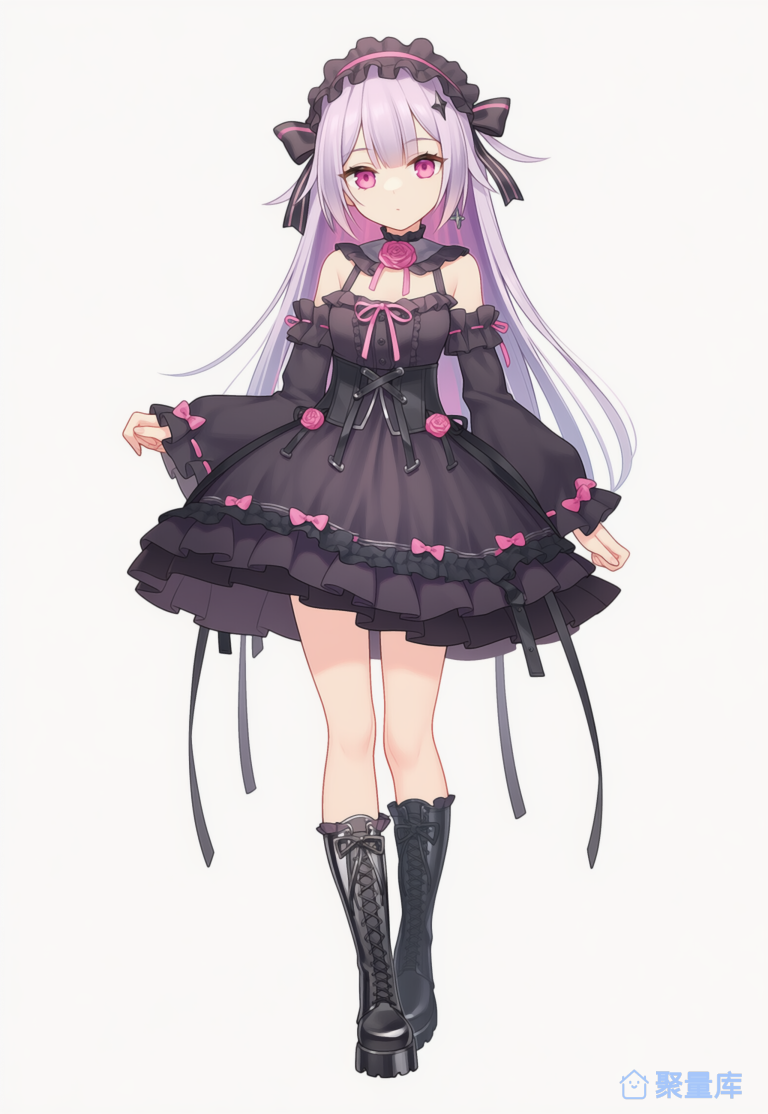 粉白长发二次元少女角色设计立绘