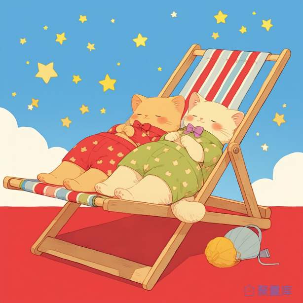 插画故事两只小猫躺椅晒太阳红蓝