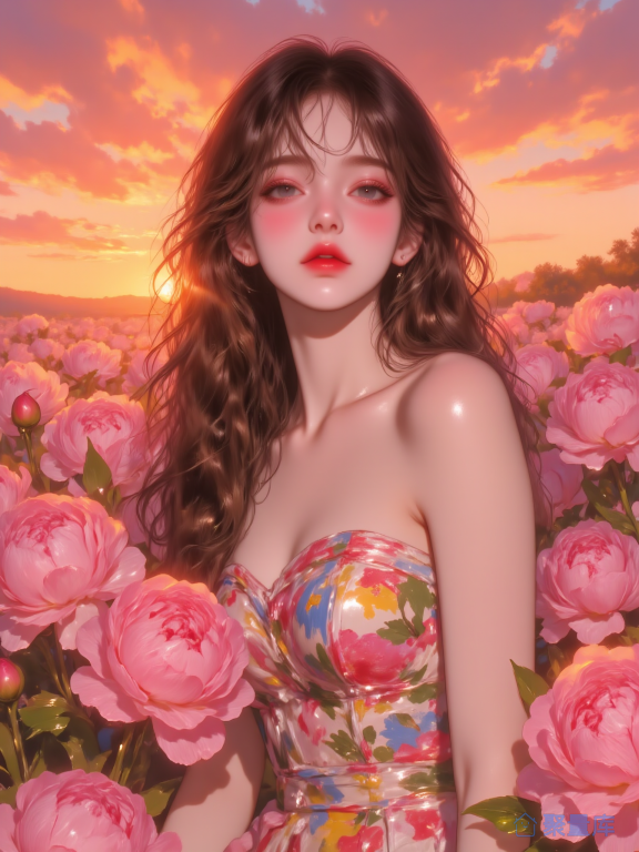 🌇 夕阳花海间，花卉抹胸裙的浪漫