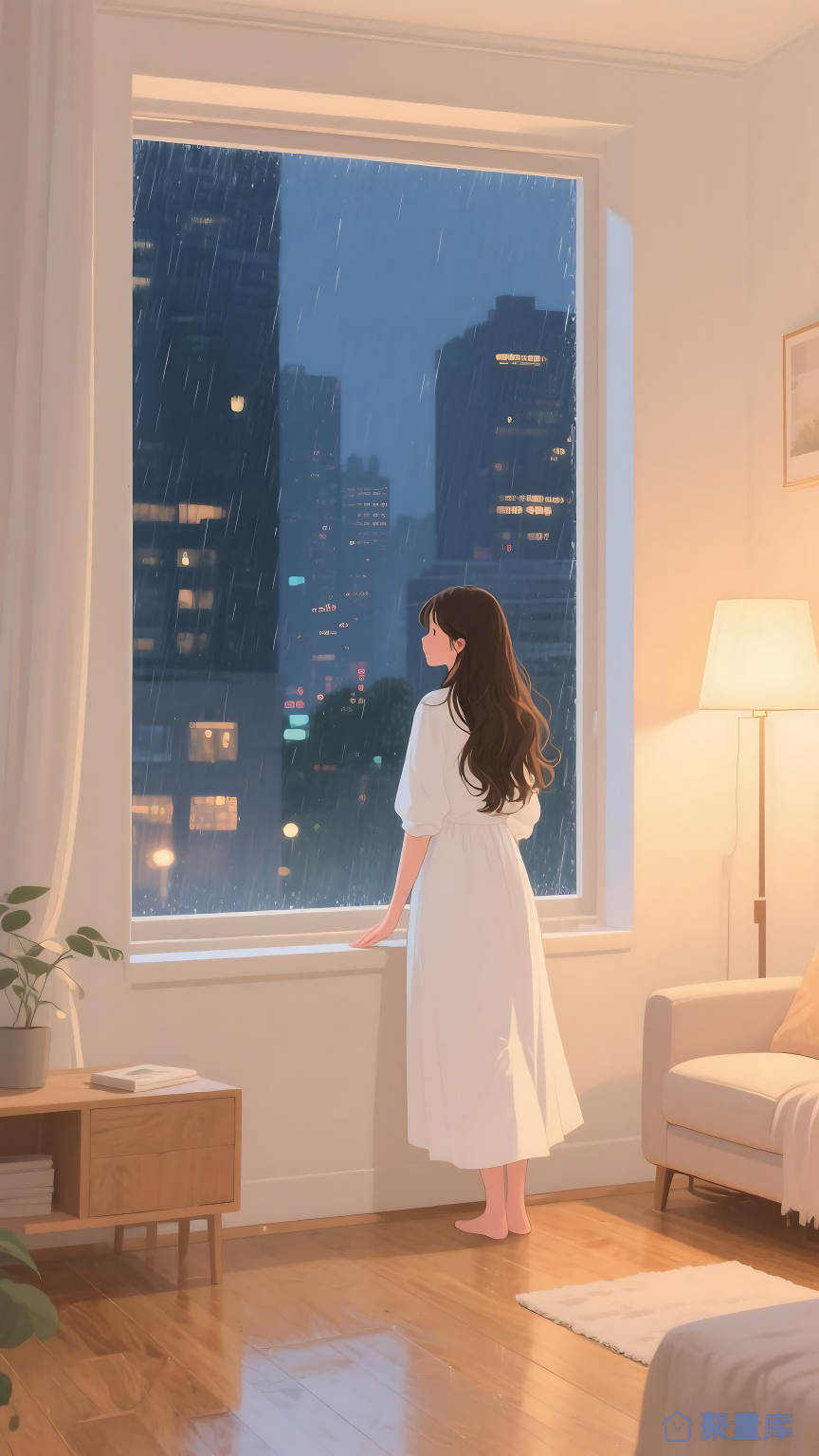 治愈系女孩漫画，雨天卧室内站在窗边忧伤氛围