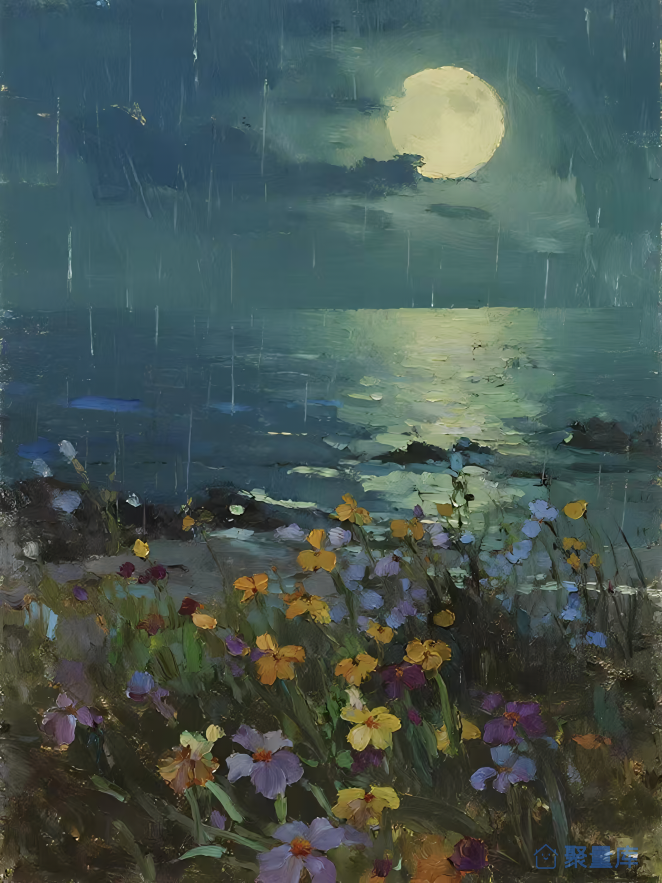 油画海边雨