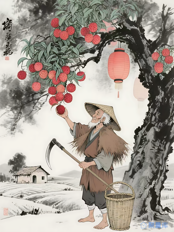 水墨风荔枝画
