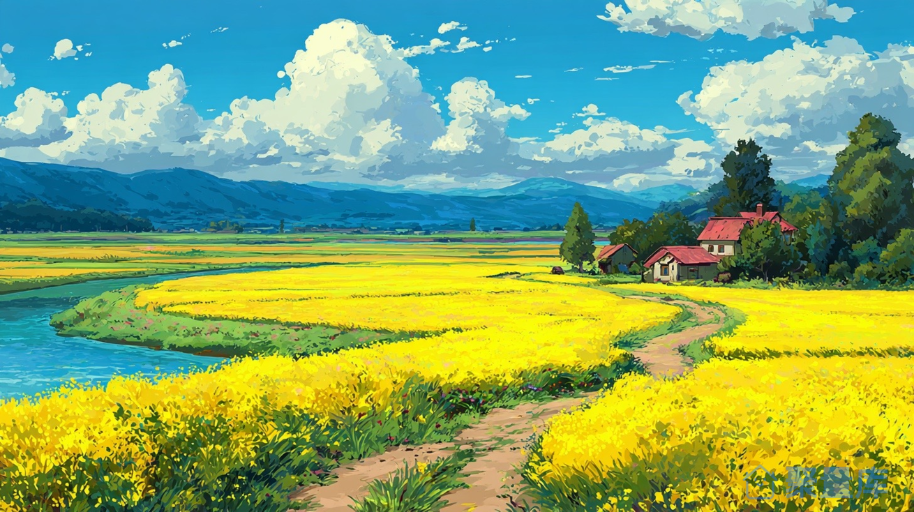 电脑壁纸插画：河畔黄花 · 漫野人家