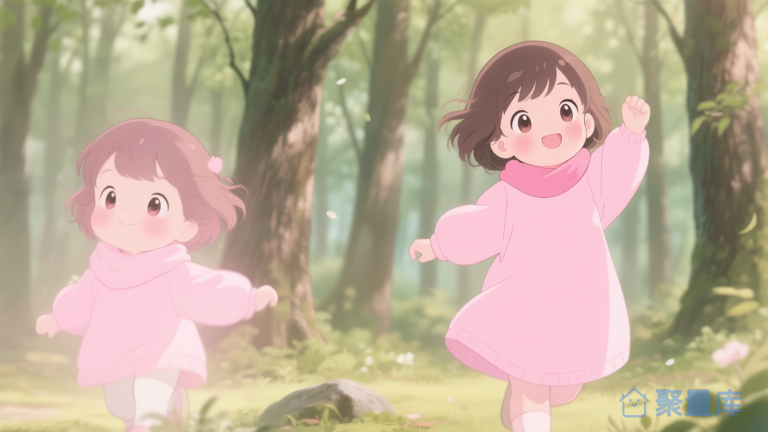 粉色衣服小女孩在森林里玩耍