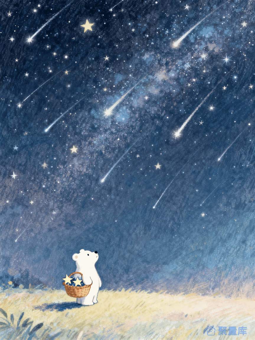 小熊提着星星篮子仰望流星雨的温馨插画