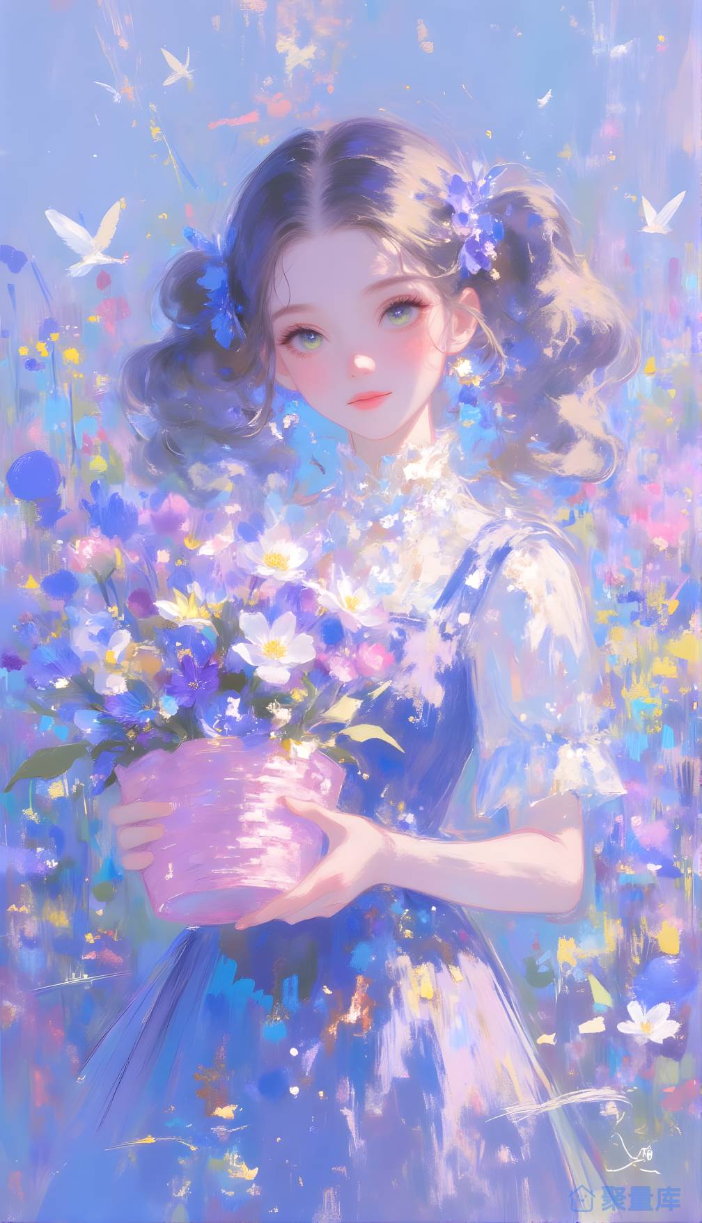手捧鲜花的蓝颜少女