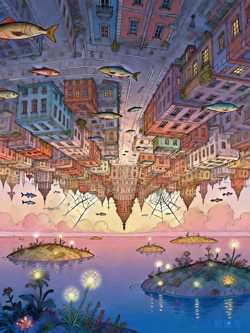 倒置城市的奇幻插画