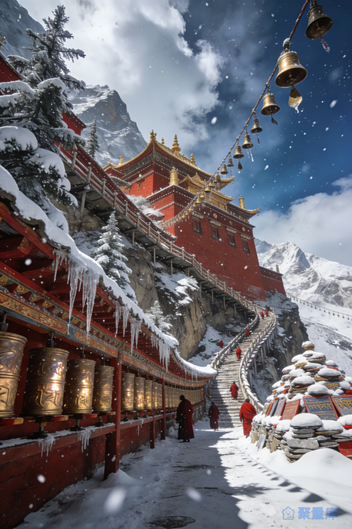 风景插画-雪岭梵音寺