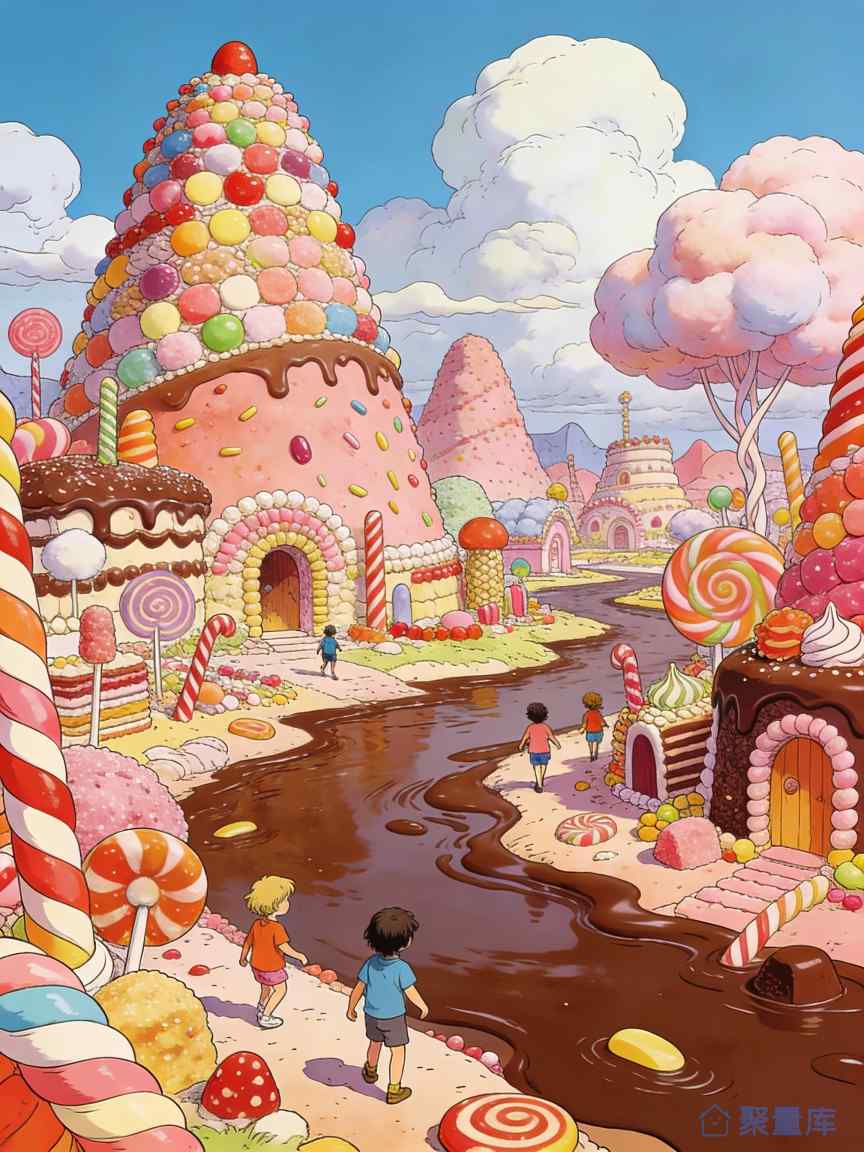 糖果仙境中的奇幻冒险插画
