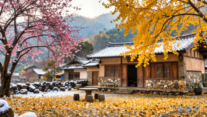 茅屋庭院冬末春初梦幻盛景