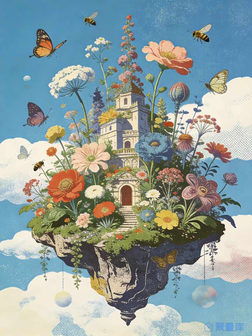 悬浮花岛上的童话城堡插画