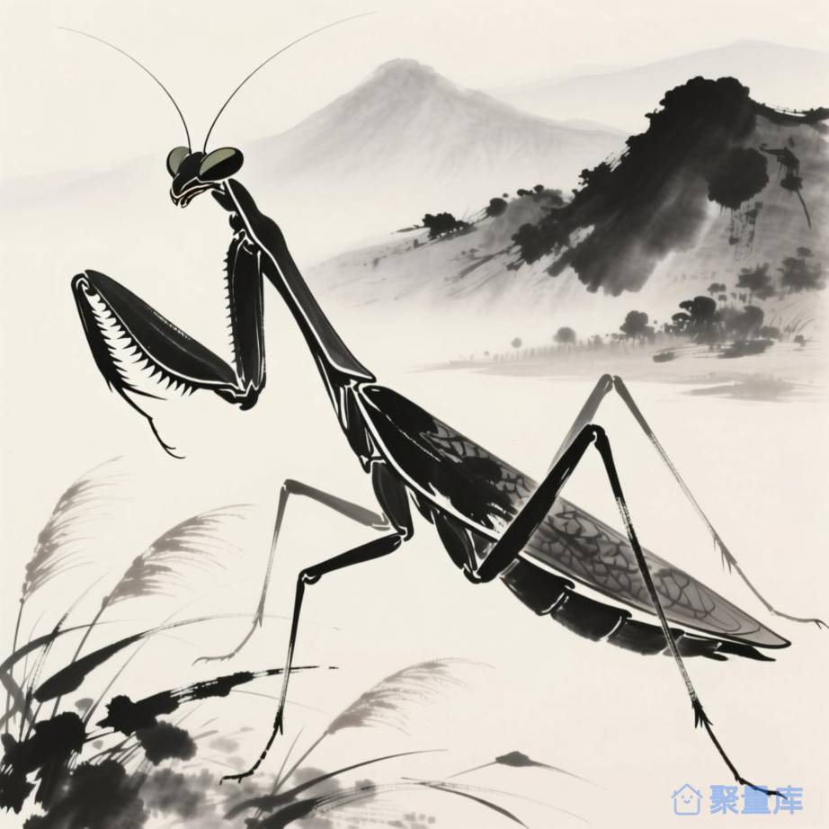 水墨风田野草地螳螂插画素材