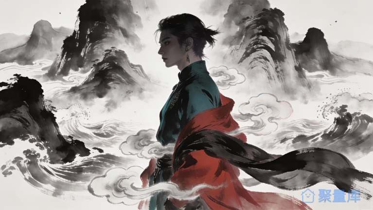新中式水墨国风插画 古风侠客少年 山水云雾意境人物素材