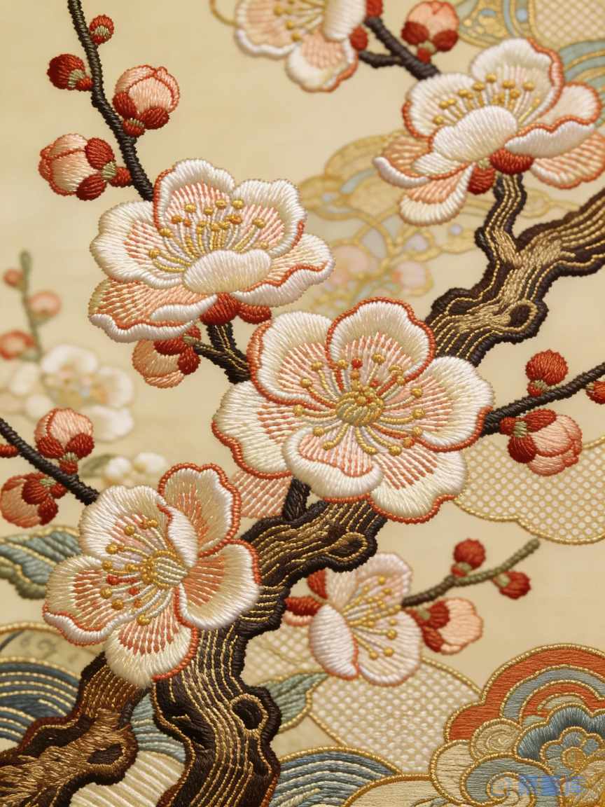 精美的中国传统刺绣梅花图案