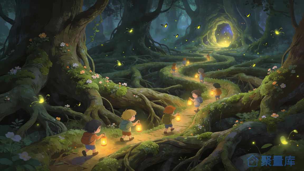 孩子们提灯穿越神秘发光森林的奇幻插画