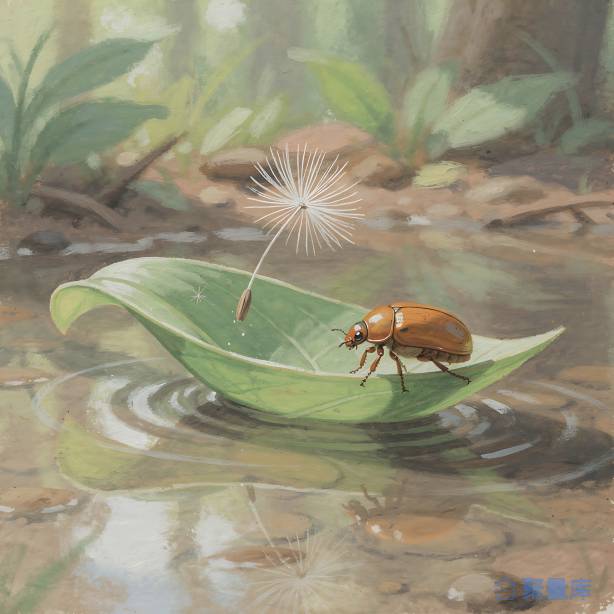 甲虫乘荷叶船漂流 蒲公英溪流治愈系插画