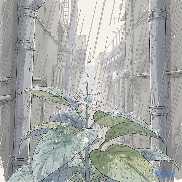 雨天城市小巷管道 绿植叶片雨滴清新手绘插画