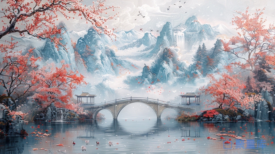 电脑壁纸插画：花桥映雪湖山图
