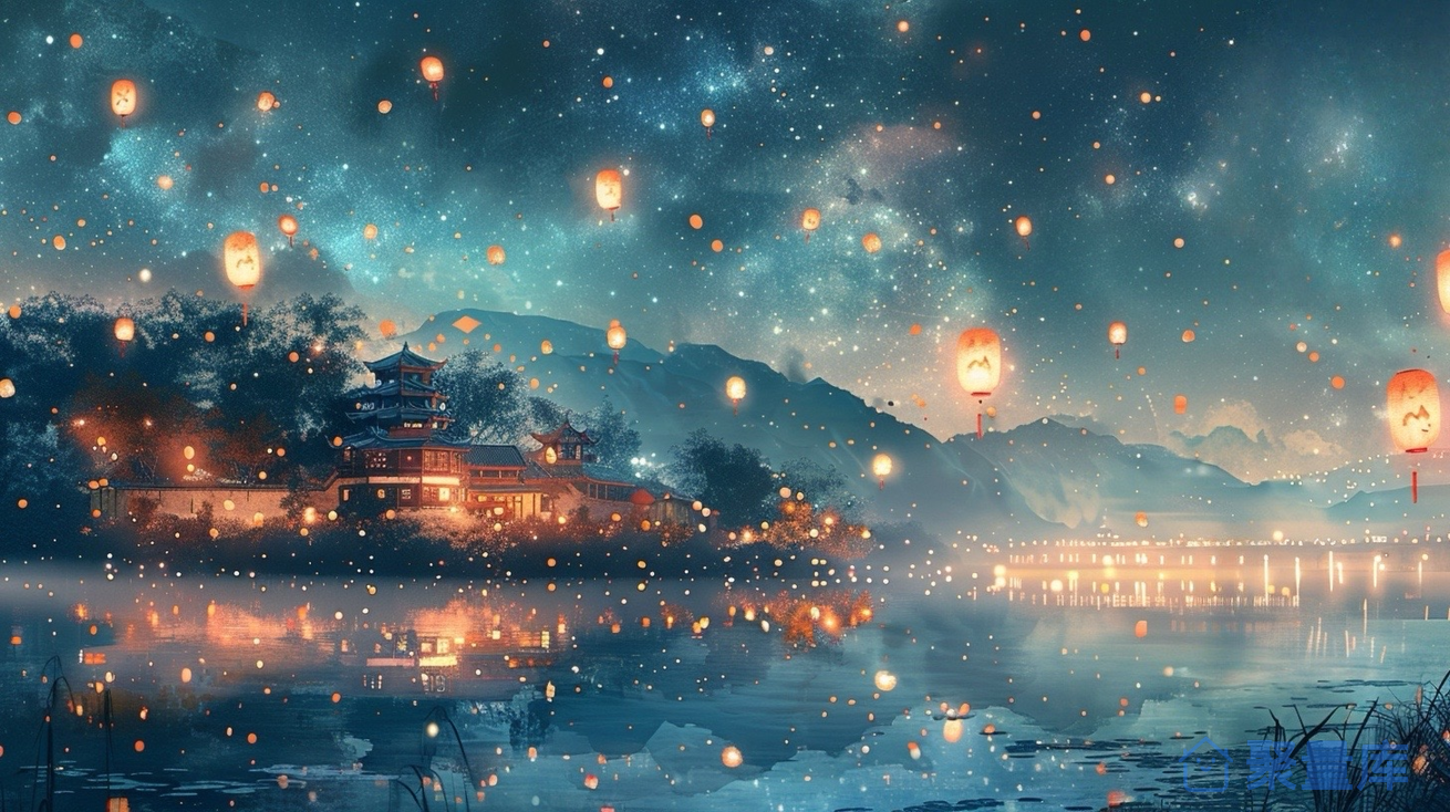 电脑壁纸插画：星夜灯河图