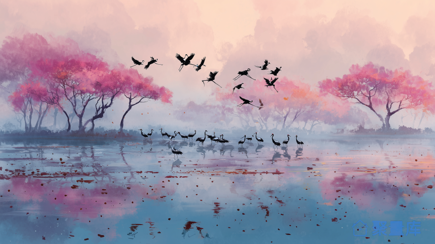鄱阳湖，晨曦鹤舞