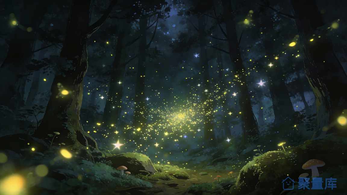 夜森林中萤火虫飞舞的梦幻插画