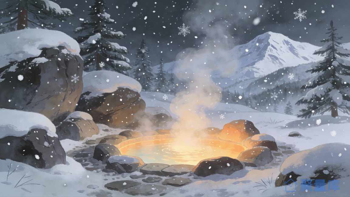 雪夜山林温泉插画