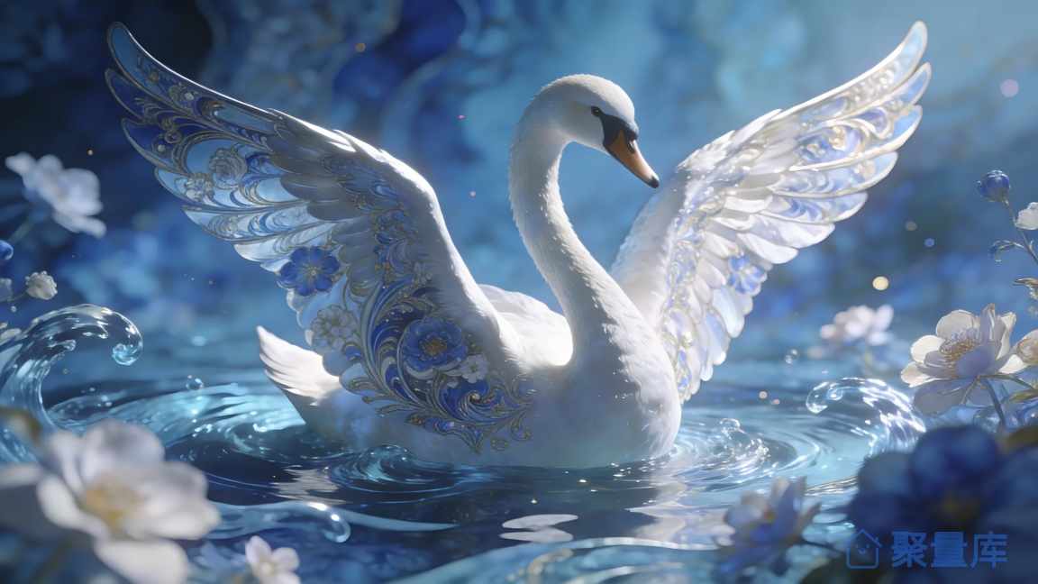 蓝翼天鹅在花海中展翅的梦幻插画