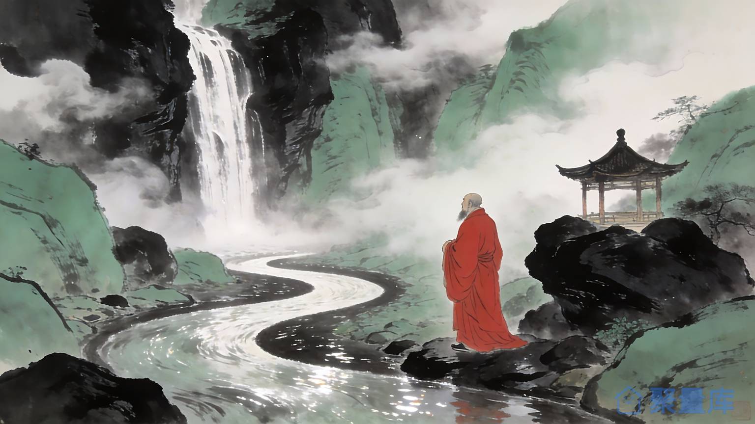 水墨禅意红衣僧人瀑布山水场景（4）
