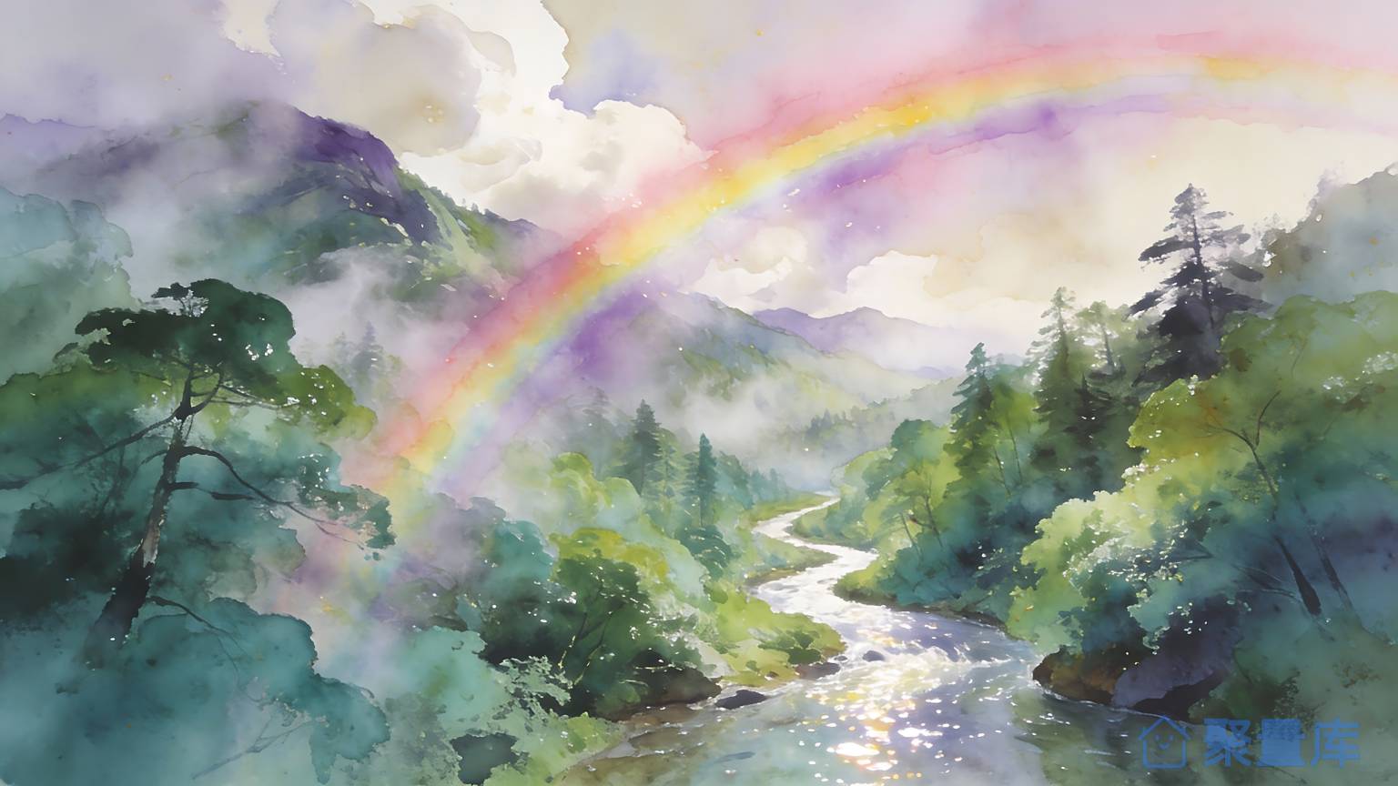水彩山水 彩虹山谷溪涧风景