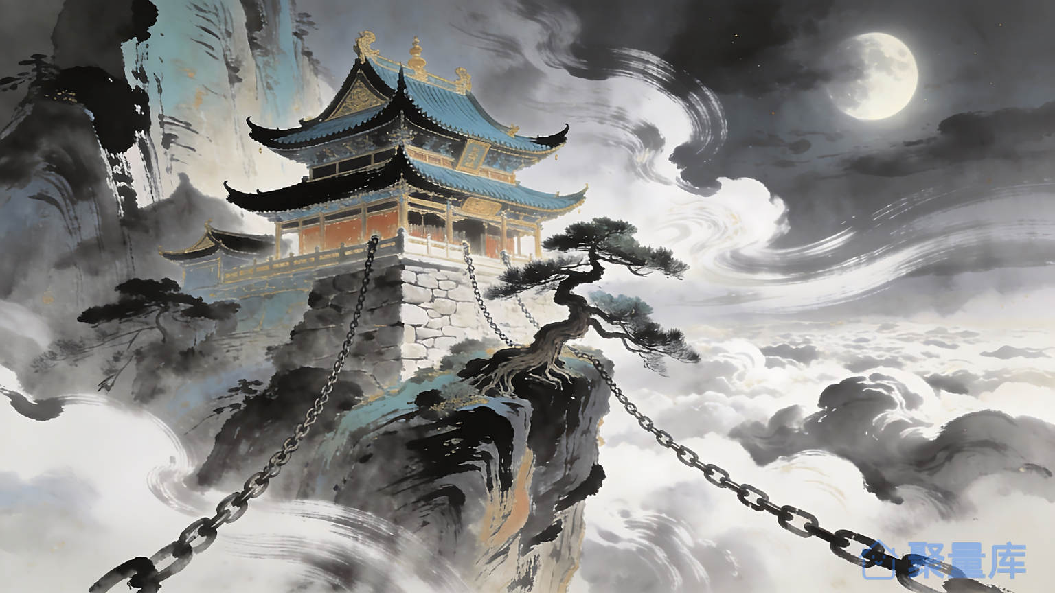水墨国风崖间月夜古建筑楼阁