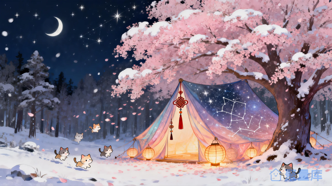 雪夜樱花下的温馨露营插画
