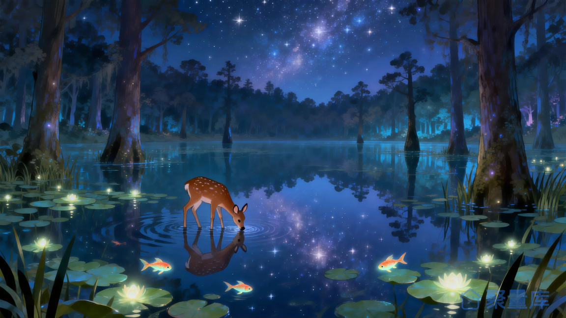 星空下的森林水畔小鹿饮水插画